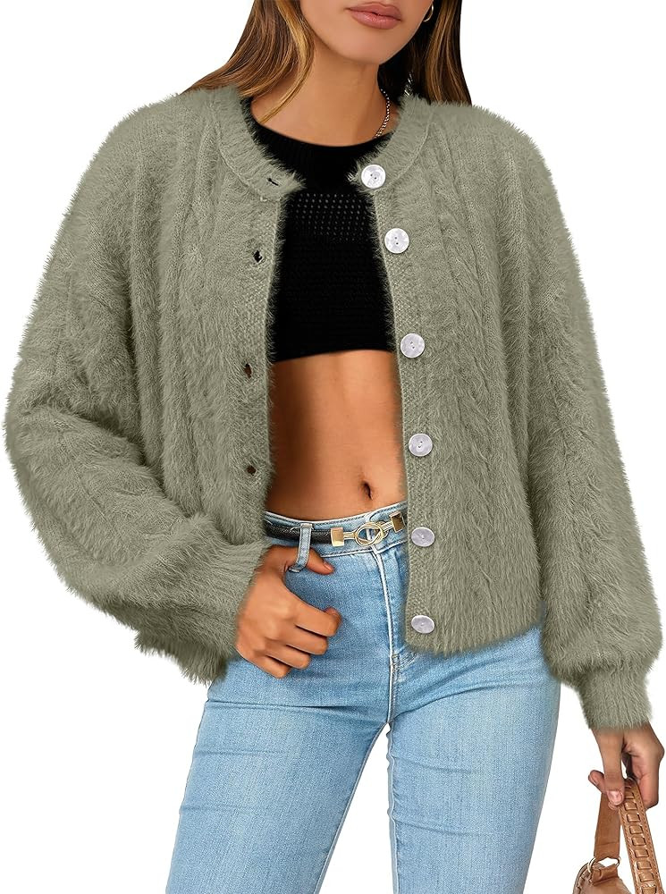 ANRABESS Women's Fuzzy Knit Cardigan Sweater Fluffy Warm Cropped Jackets Coat Cute Cozy 2024 Fall... | Amazon (US)