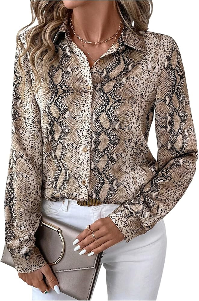 WDIRARA Women's Snakeskin Print Button Down Shirts Long Sleeve Blouse Business Work Tops | Amazon (US)