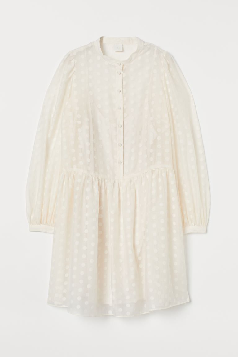 Short dress in airy woven fabric. Small stand-up collar, V-shaped opening, and covered buttons at... | H&M (US + CA)