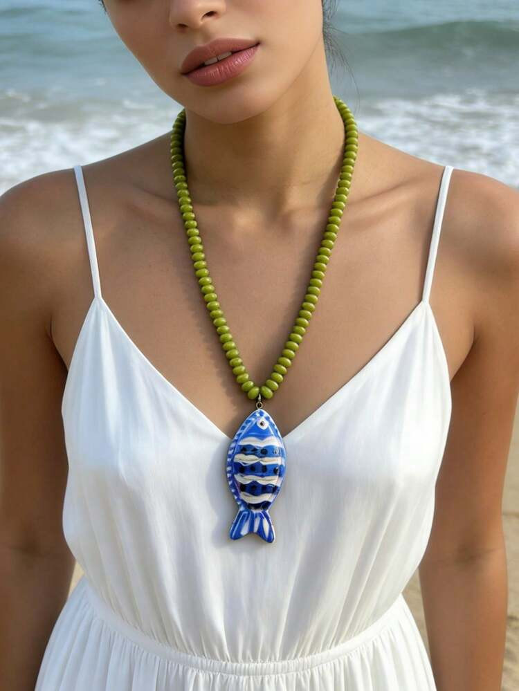 ZA Women's Handpainted Fish Pendant Beaded Necklace | Multicolor Bohemian Ocean Style Easter Gift... | SHEIN