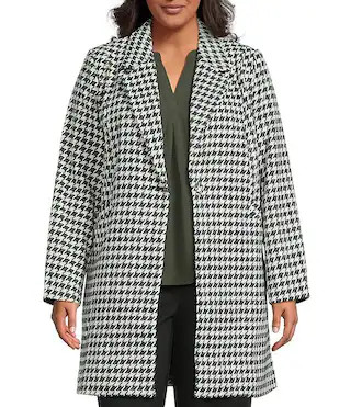 Plus Size Houndstooth Print Notch Lapel Neckline Long Sleeve Coat | Dillard's