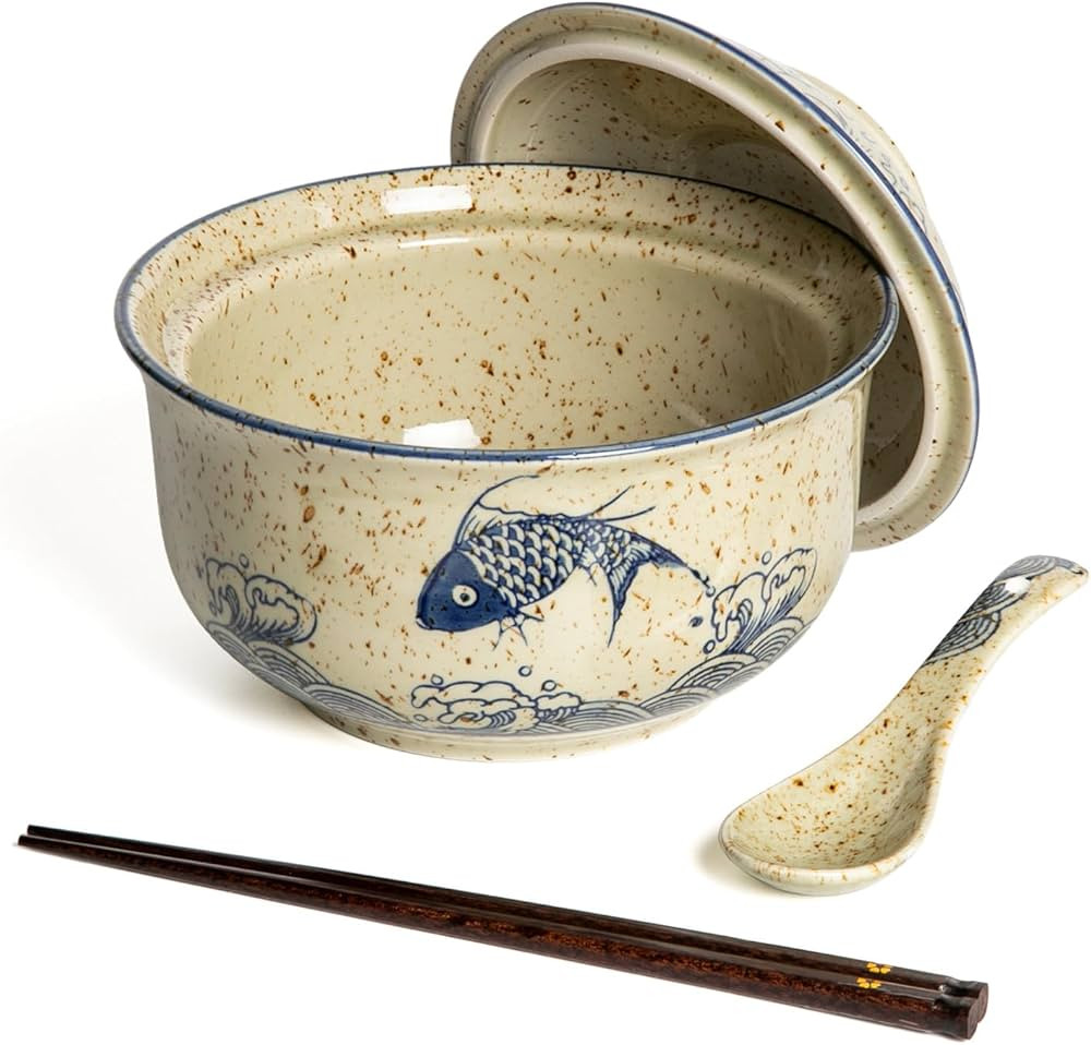 Ceramic Ramen Bowl Set Ramen Noodle Bowl with Lid 27oz Japanese Retro Style Soup, Pho, Udon Bowls... | Amazon (US)