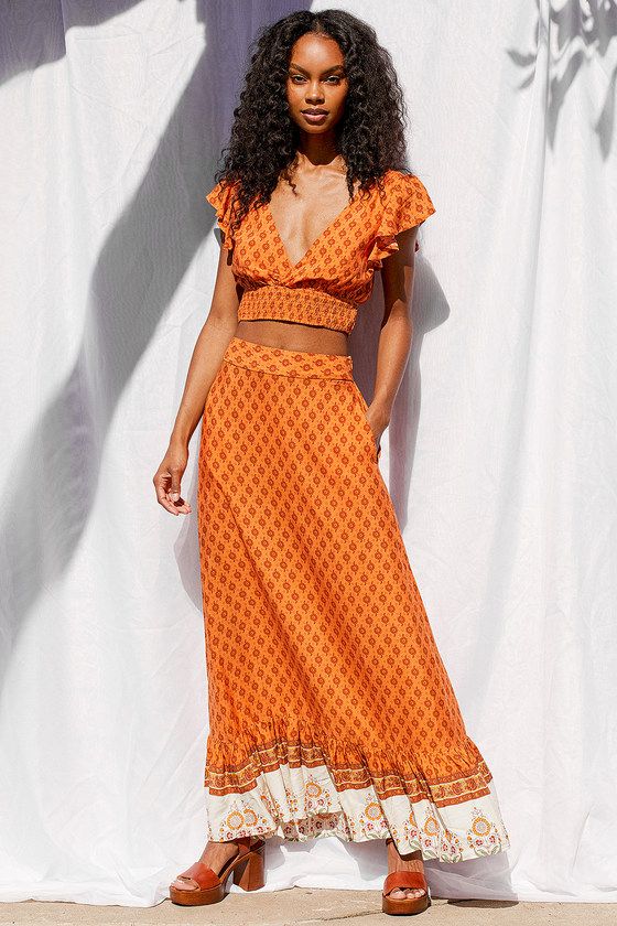 Around the World Orange Multi Print Two-Piece Maxi Dress | Lulus (US)