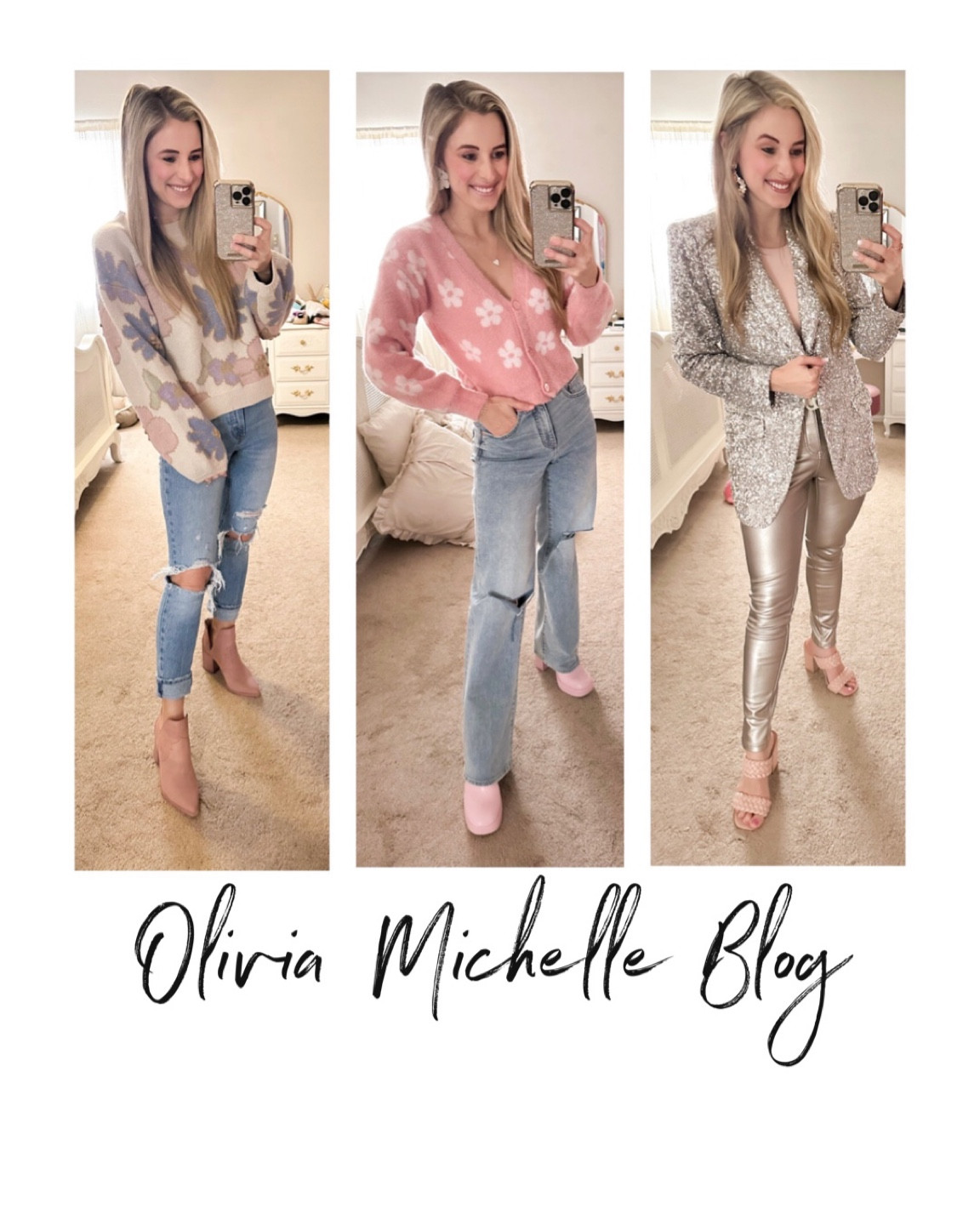 Spring 00TD. Outfit of the day. Spring style. Spring fashion. Floral print sweater from mint julep boutique craft daisy cardigan from Walmart jeans from express. Seath, when the laser and pink bodysuit paired with metallic skinny jeans from express. 

#LTKshoecrush #LTKstyletip #LTKunder100