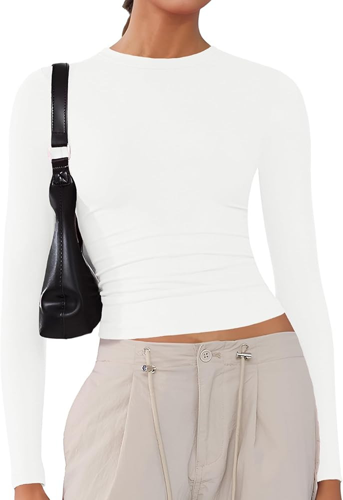 Women's Soft Long Sleeve Shirts Crew Neck Tops Basic Tees Stretchy Going Out Crop Tops Y2K Slim F... | Amazon (US)