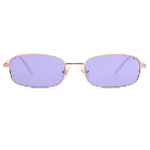 SOJOS Small Y2k Narrow Rectangle Sunglasses Womens Mens Retro 80s 90s Skinny Sunnies SJ1187, Rose Gold/Purple | Amazon (US)