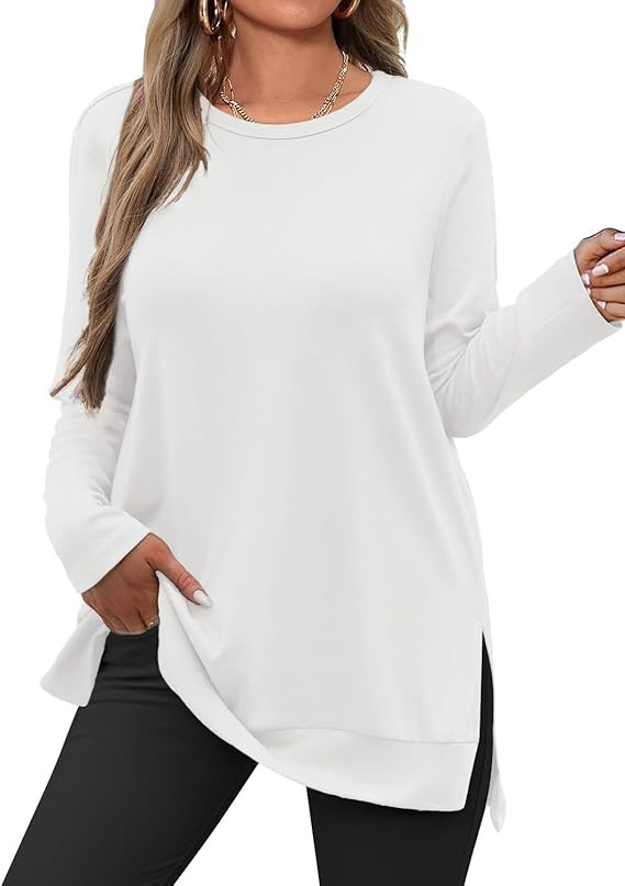 JUSTFASHIONNOW Womens Long Sleeve Tunic Tops to Wear with Leggings Crew Neck Side Split Layering ... | Amazon (US)