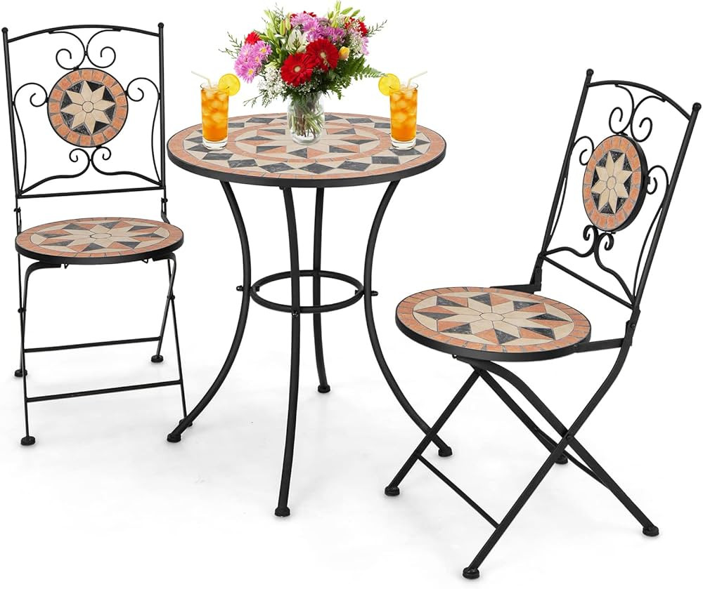 Tangkula 3 Pieces Patio Bistro Set, Outdoor Garden Furniture Set with Round Mosaic Coffee Table &... | Amazon (US)