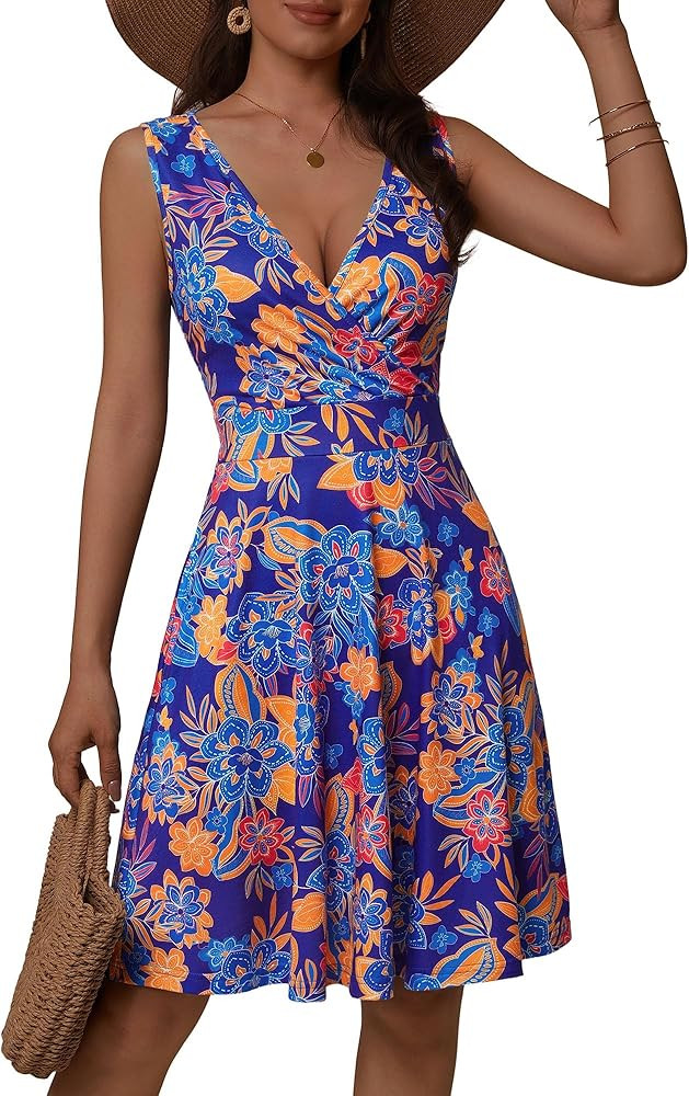 GUBERRY Womens Wrap V Neck Sleeveless Sundress Summer Flare Tank Dress with Pockets | Amazon (US)