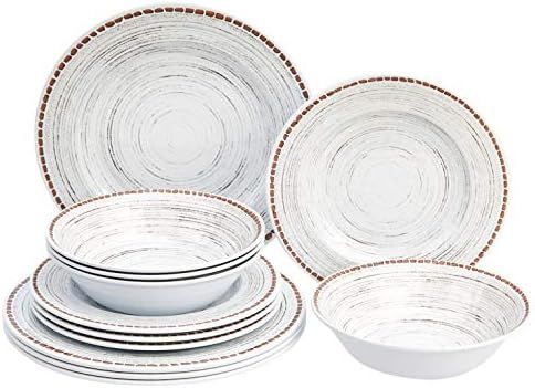 Amazon Basics Melamine Dinnerware Set, Service for 4, White Stoneware Swirl - Set of 12 | Amazon (US)