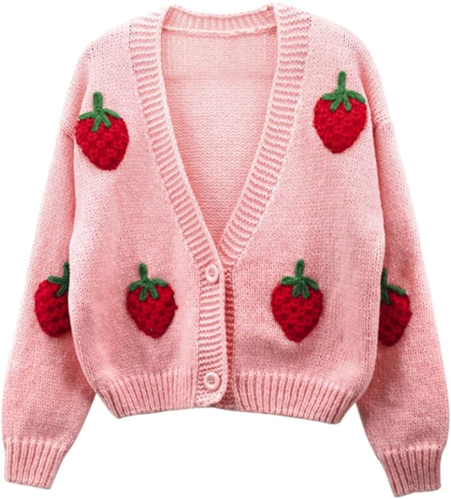 HOULENGS Women's Strawberry Print Button Down Long Sleeve V Neck Crop Cardigan Sweater | Amazon (US)