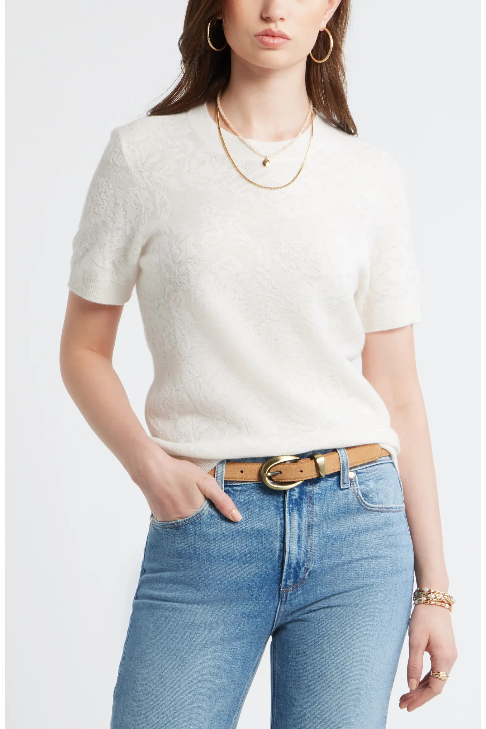 Floral Jacquard Short Sleeve Wool & Cashmere Sweater (Women) | Nordstrom | Nordstrom