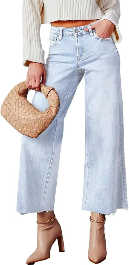 Allimy Women's High Waisted Straight Ankle Wide Leg Ripped Jeans Frayed Hem Stretchy Capri Denim ... | Amazon (US)