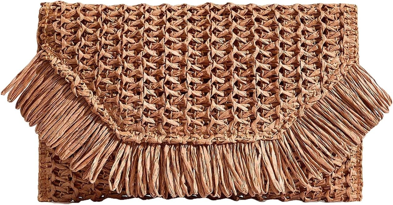 Floerns Women's Woven Straw Envelope Fringe Trim Rattan Beach Clutch Handbag | Amazon (US)