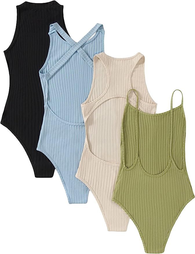 SheIn Women's 4 Piece Sleeveless Bodysuit Top Ribbed Knit Solid Leotard Jumpsuits | Amazon (US)