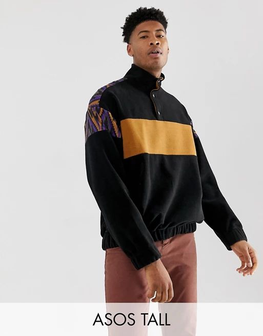 ASOS DESIGN tall oversized sweatshirt in fleece with track neck and geo-tribal print panels | ASOS US