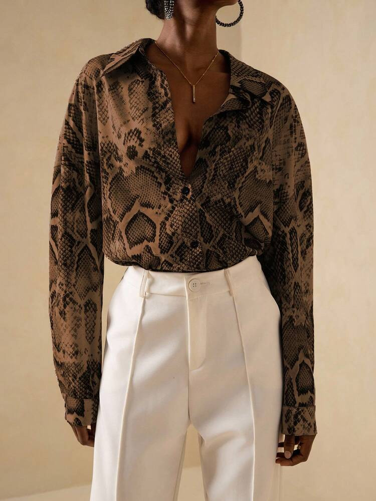 Vesra Women's Minimalist Snake Skin Print Drop Shoulder Long Sleeve Single-Breasted Fashion Shirt Snake Print Top | SHEIN