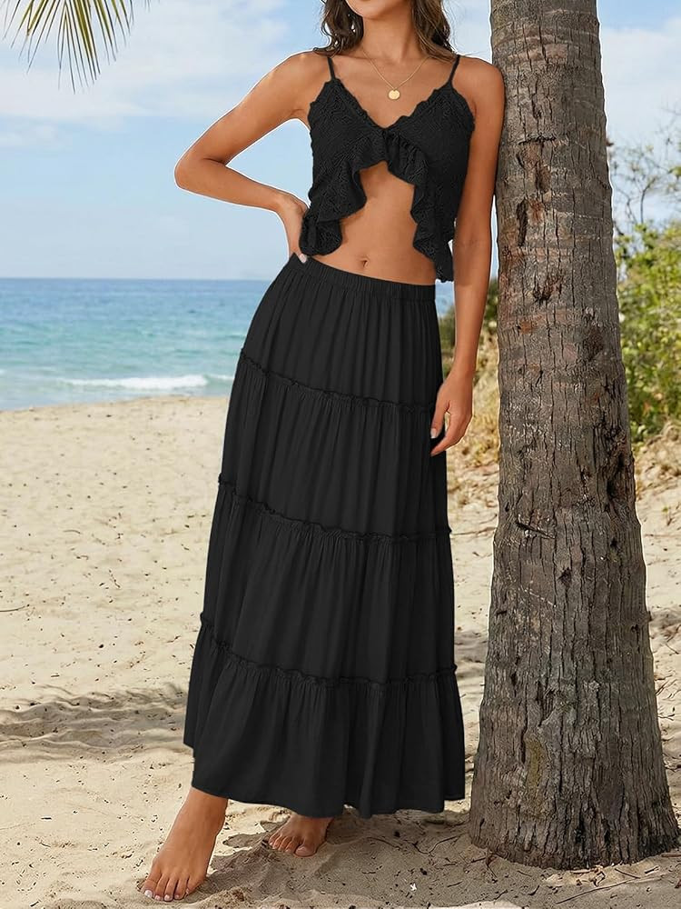 Trendy Queen Vacation Outfits Long Skirts for Women Boho Maxi Skirt Elastic High Waist Dress with... | Amazon (US)