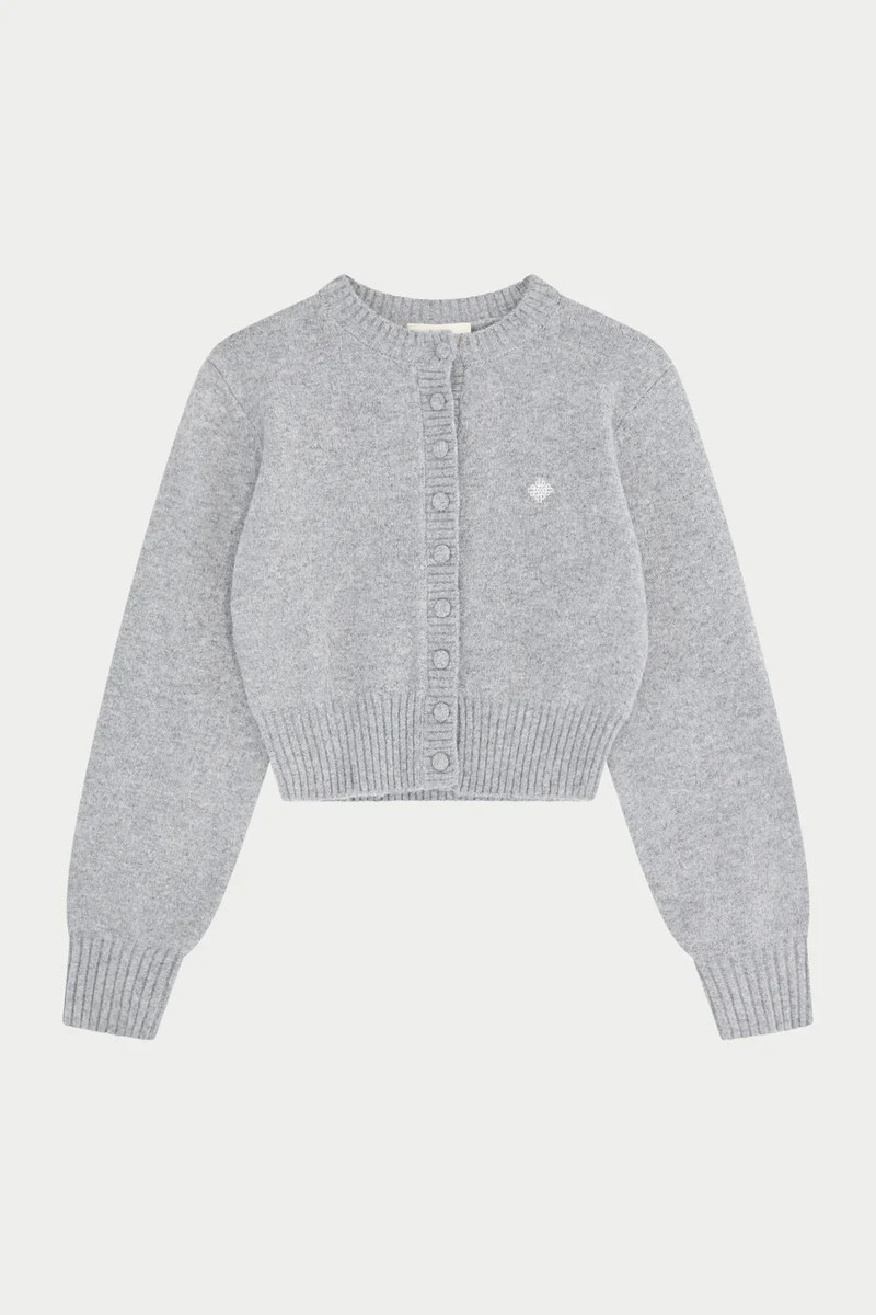 EMBLEM EMBROIDERED KNIT CROP CARDIGAN - GREY MARL | The Couture Club