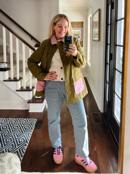 Spring outfit idea with new arrivals from Boden (20% off today!) paired with adidas samba favorite sneakers - railroad stripe pants (true to size, also comes in petite), cardigan sweater, green, utility chore jacket, red bead and gold drop earrings
❤️ Claire Lately 

#LTKstyletip #LTKsalealert #LTKSeasonal