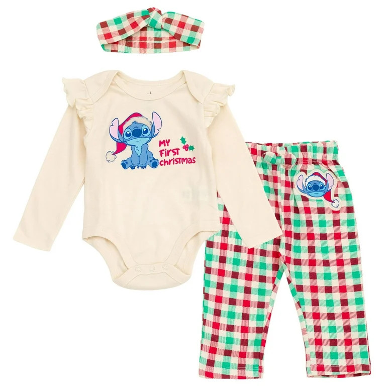 Disney Lilo & Stitch Christmas Bodysuit, Pants and Headband 3 Piece Outfit Set Gingham Newborn to... | Walmart (US)