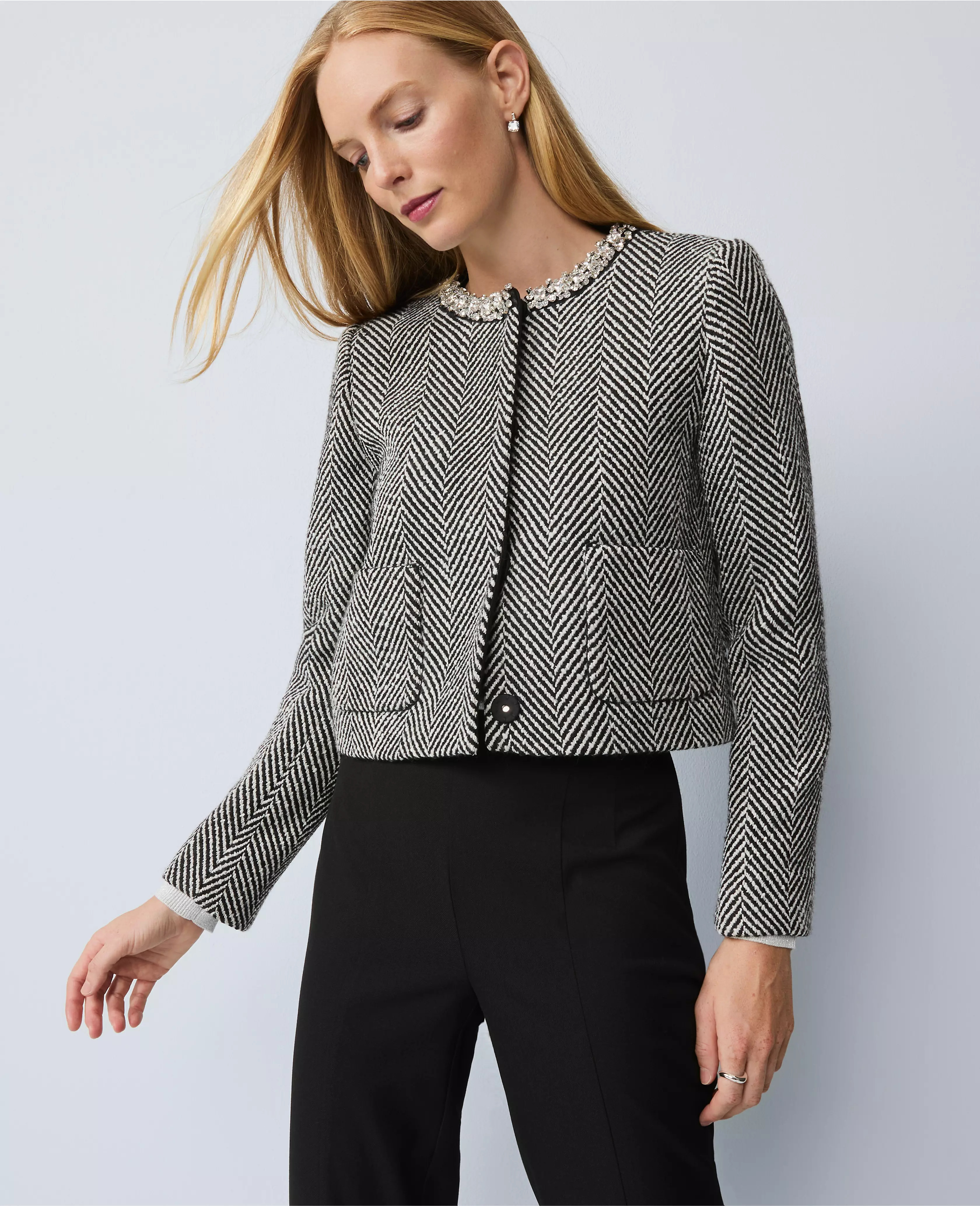 Petite Embellished Herringbone Cropped Jacket | Ann Taylor