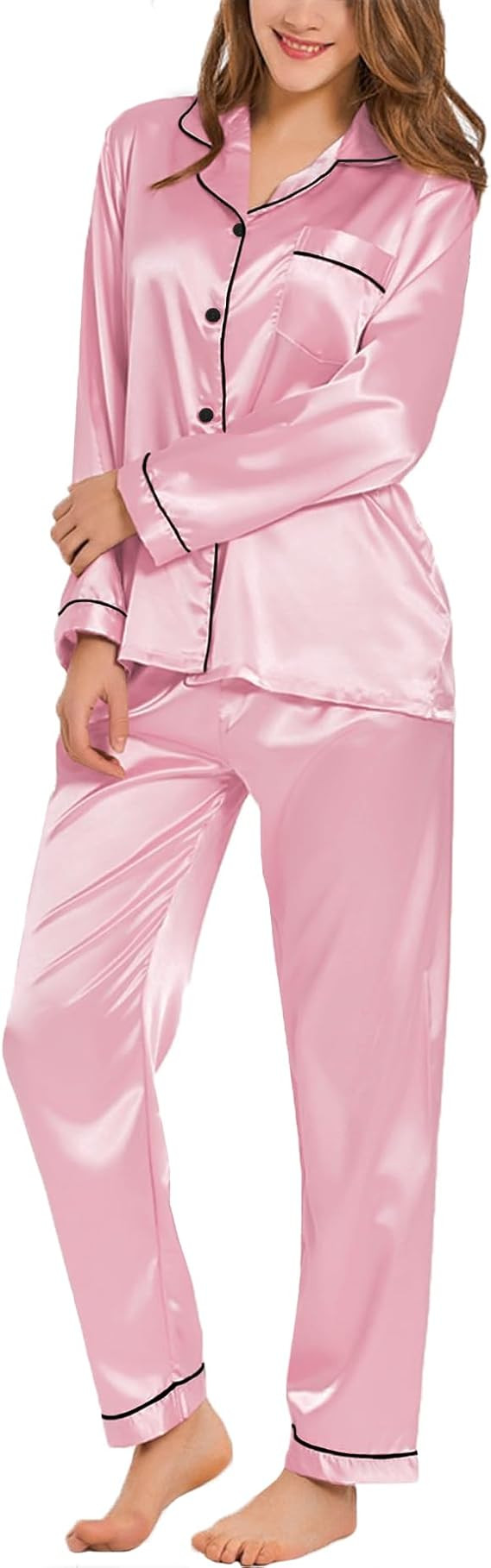 SWOMOG Womens Silk Satin Pajamas Loungewear Two-piece Sleepwear Button-Down Pj Set | Amazon (US)