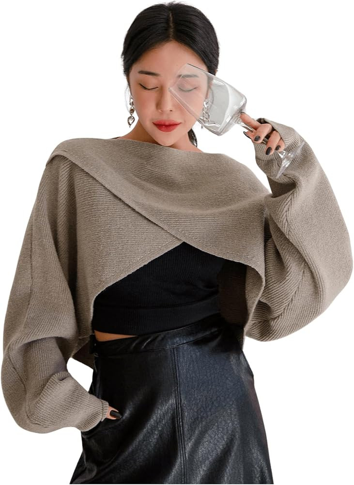 COZYEASE Women's Criss Cross Boat Neck Long Sleeve Crop Sweater Solid Casual Plain Sweater Coat | Amazon (US)