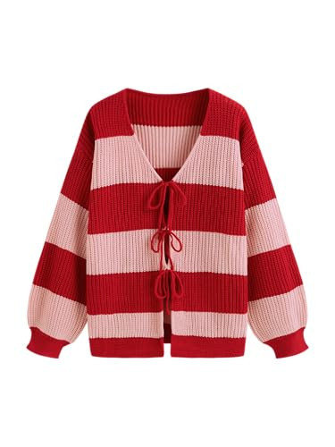 CIDER Cardigan Sweater for Women Tie Front Striped Long Sleeve V Neck Cute Y2k Fall Trendy Outfits Red | Amazon (US)