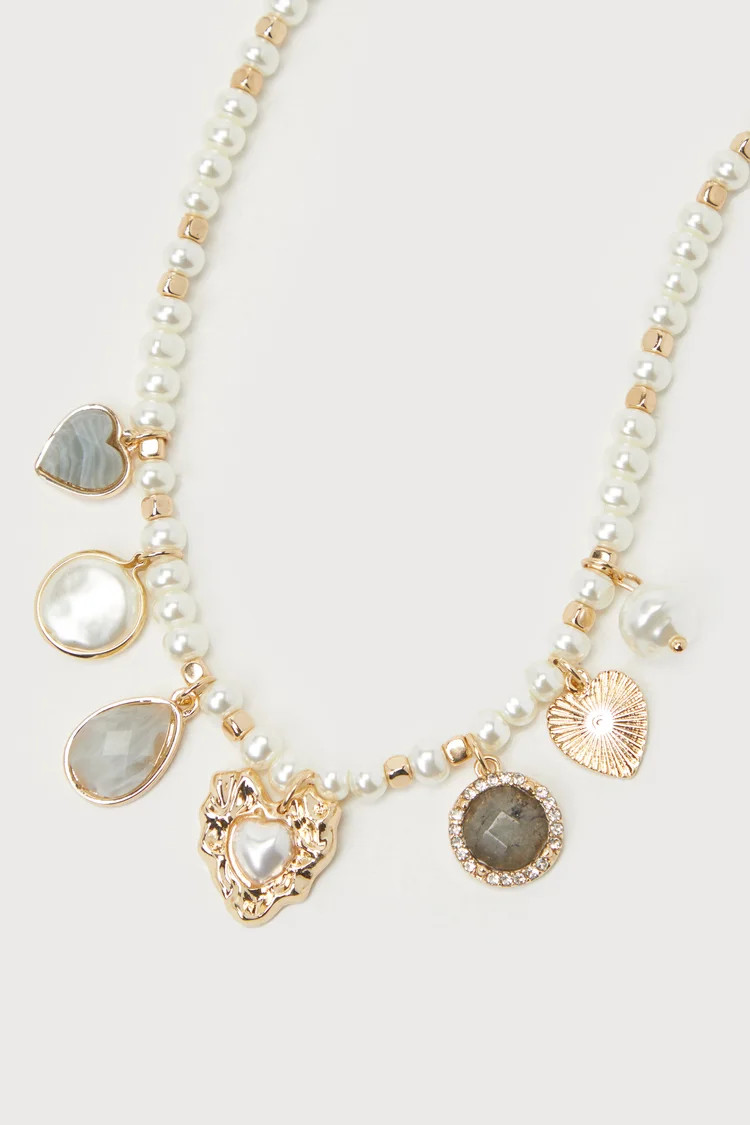 Adorably Eclectic Gold Pearl Rhinestone Charm Necklace | Lulus