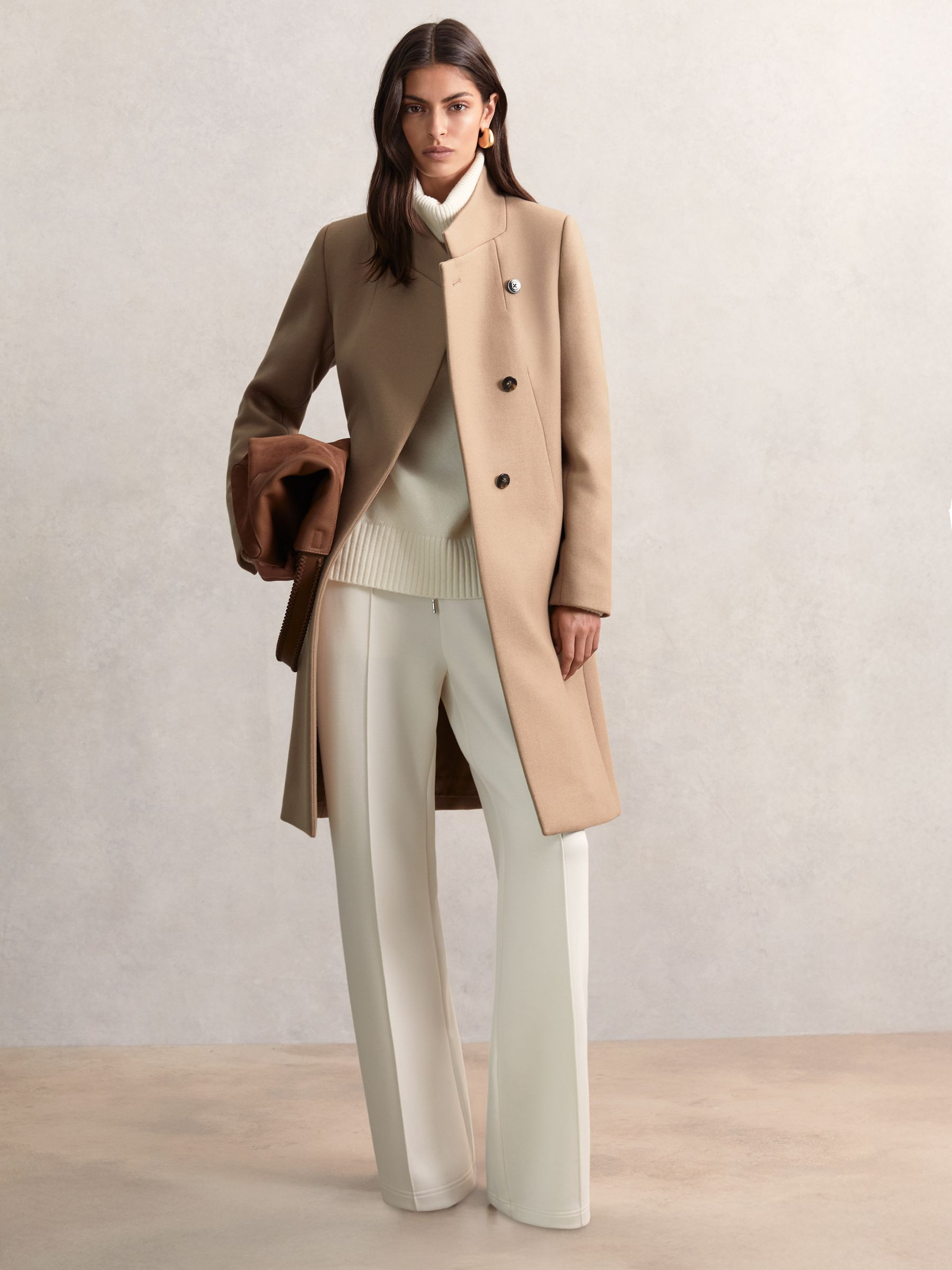 Wool-Blend Wrapover Mid-Length Coat in Camel | Reiss US