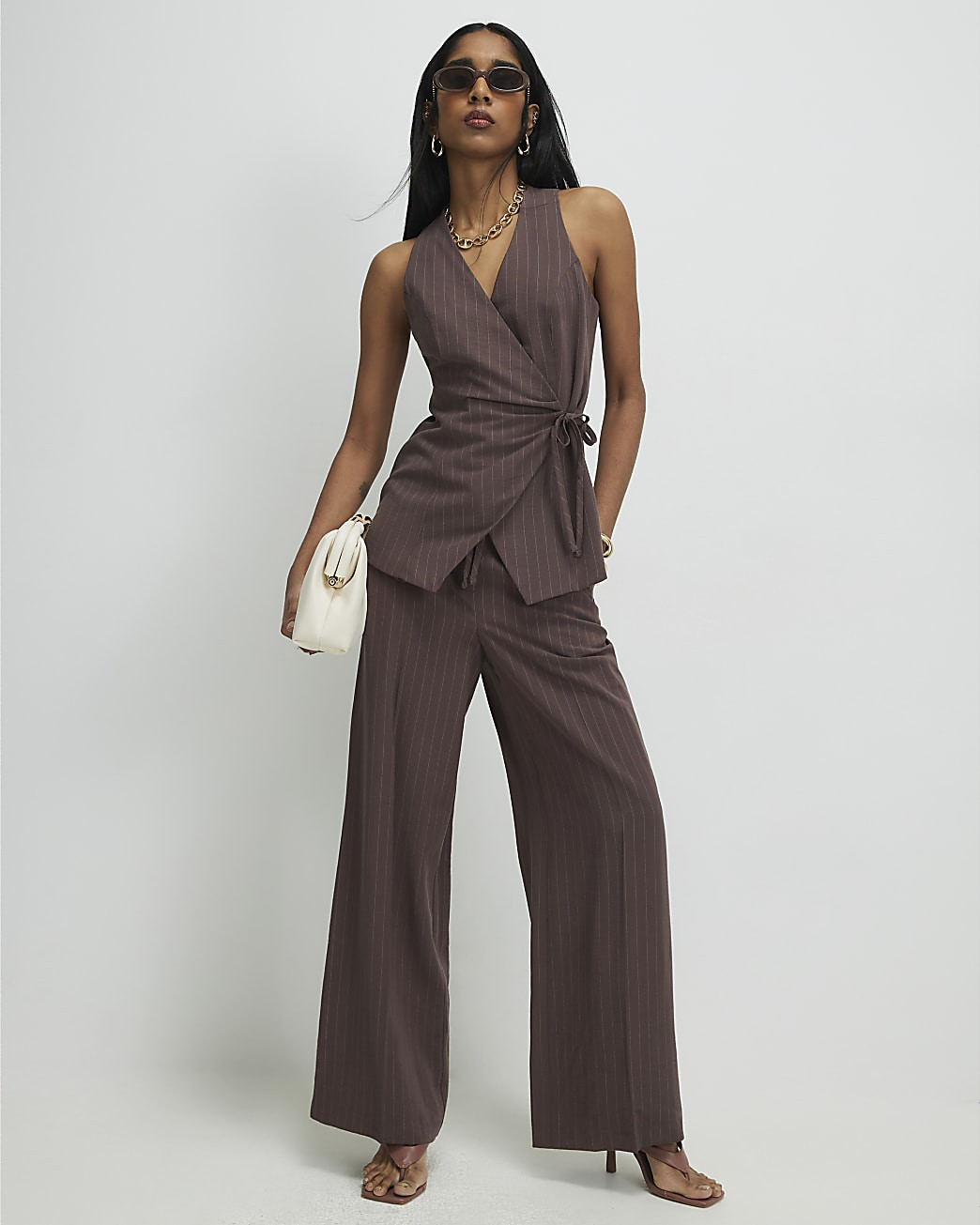 Brown Stripe Soft Tailored Trousers | River Island UK & IE