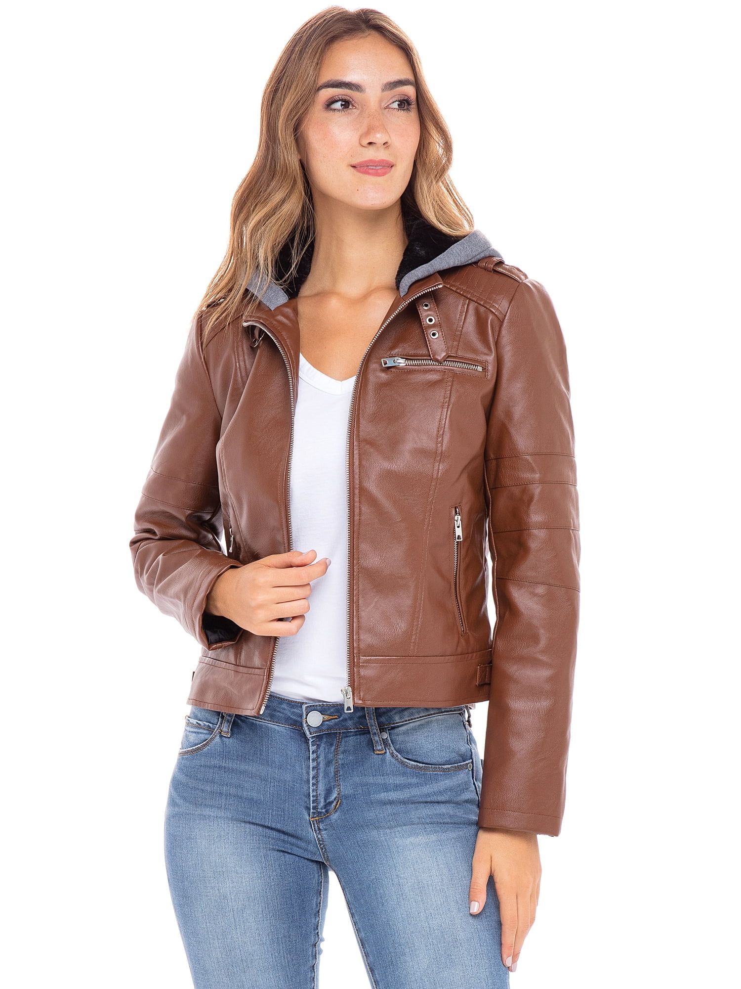 Stolen Hearts Womens Faux Leather Jacket with Faux Fur Lining and Fleece Hood | Walmart (US)