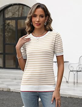 Zeagoo Womens Summer Tops Casual Short Sleeve Striped Sweater Shirt Crewneck Color Block Knit Blo... | Amazon (US)