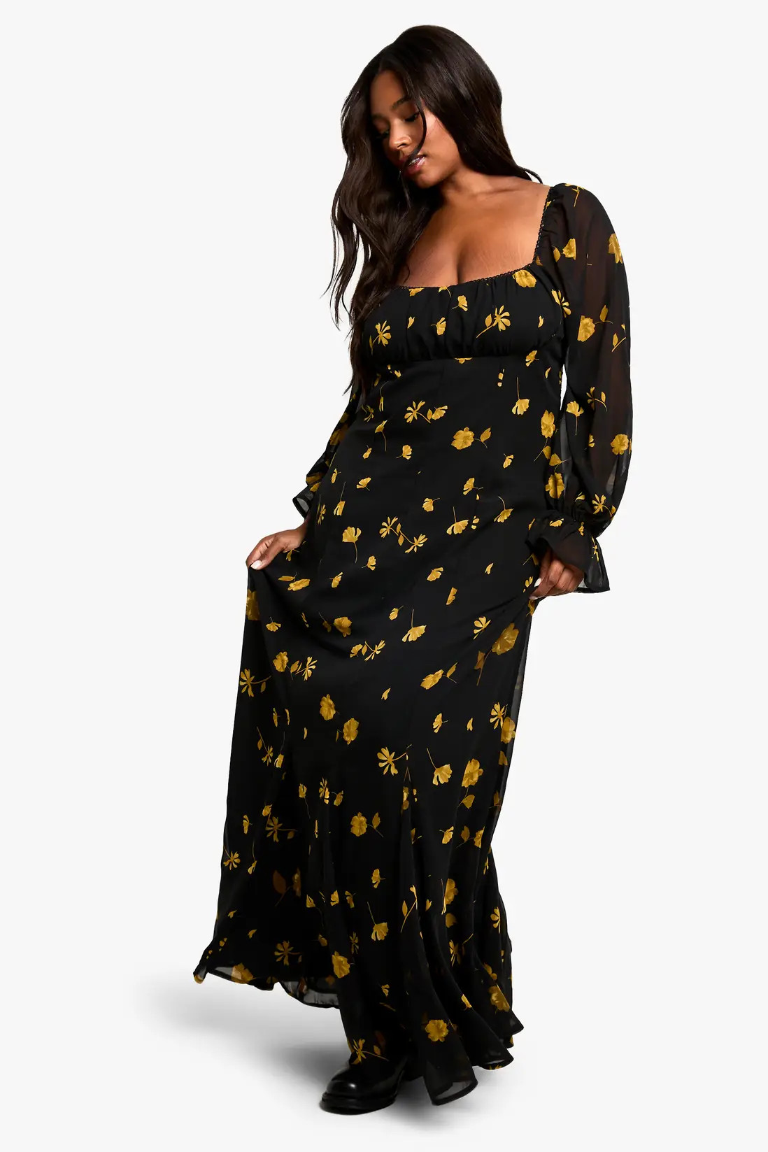 Black Plus Long Sleeve Smock Maxi Dress | Boohoo USA | boohoo (US & Canada)