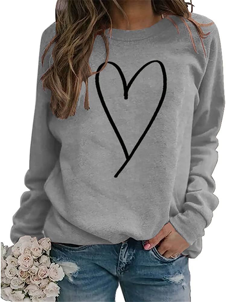 Women Love Heart Sweatshirt Happy Valentine's Day Shirts Graphic Long Sleeve Crewneck Pullover Tops | Amazon (US)