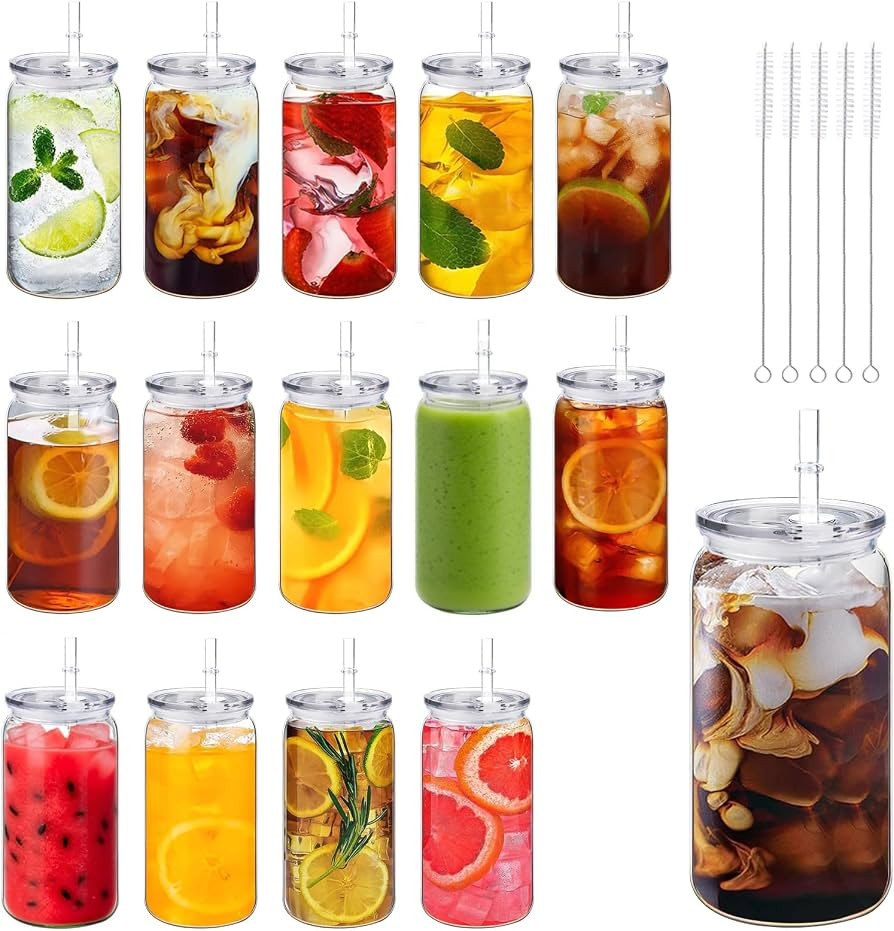 14 Pack Acrylic Mason Jars with Lids and Straws 16 oz Iced Coffee Tumbler Water Bottles Plastic D... | Amazon (US)