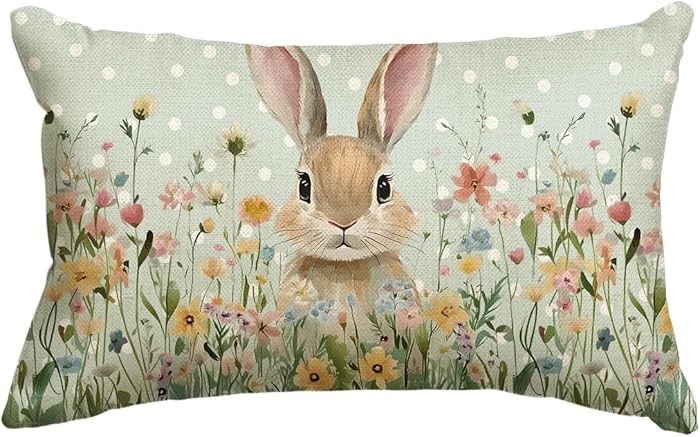 AVOIN colorlife Easter Bunny Wildflowers Throw Pillow Cover, 12 x 20 Inch Polka Dot Cushion Case ... | Amazon (US)