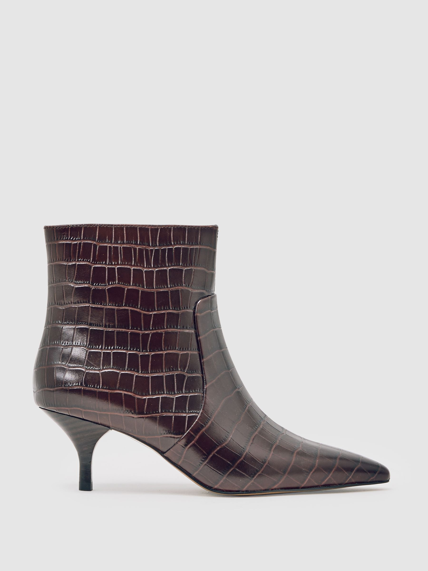 Leather Crocodile-Effect Ankle Boots in Burgundy | Reiss UK
