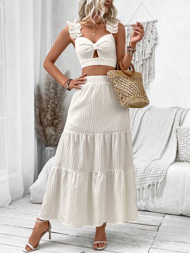 SHEIN VCAY Women'S Ruffle Cropped Top And Skirt Two Piece Set | SHEIN