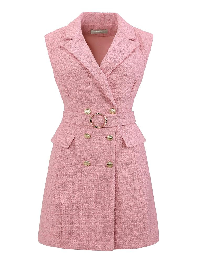 Women's Sleeveless Tweed Dress Collared Belted Button Down Work Blazer Dresses | Amazon (US)