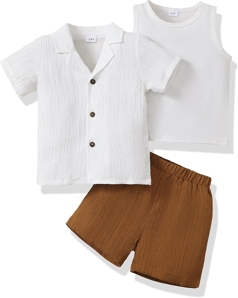 Toddler Boy Summer Clothes Short Sleeve Button Down Shirt And Shorts With Vest Kids Clothing Set ... | Amazon (US)
