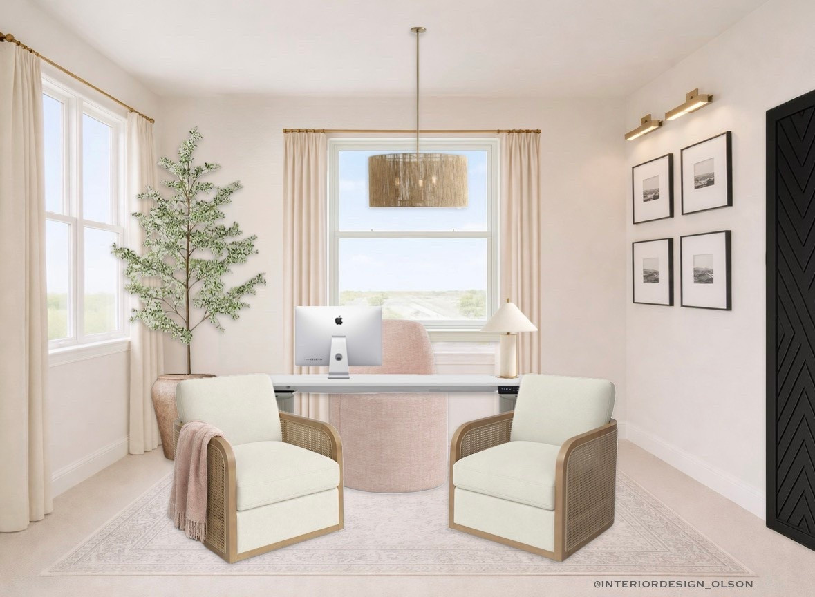 This home office was designed to feel calm, elevated, and welcoming while still being highly functional. I centered the desk to take advantage of natural light, layered in soft ivory drapery on brass rods, and anchored the space with a large neutral rug to define the seating area.

The woven cane accent chairs add warmth and texture, while the blush throw brings in a subtle, feminine softness without overpowering the neutral palette. This layout creates a beautiful focal point and an inviting space for both work and conversation.

Everything you see here, desk, chairs, rug, drapes, lighting, mirror, wall art, and decor is linked and ready to shop 🤍