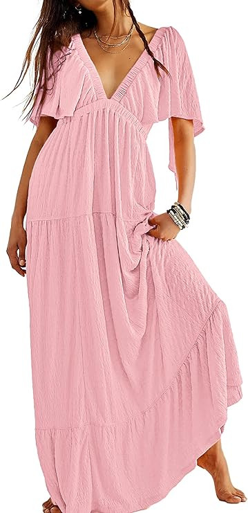 Women Summer Dresses Sexy V-Neck Maxi Dress Tiered Silhouette with Flutter Sleeve Backless Elasti... | Amazon (US)