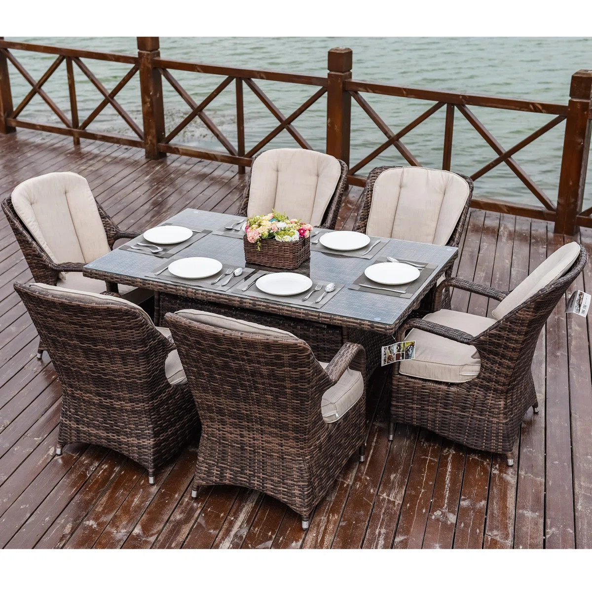 Algird 6 - Person Wicker Patio Dining Set with Rectangular Table , Cushions Included | Wayfair North America