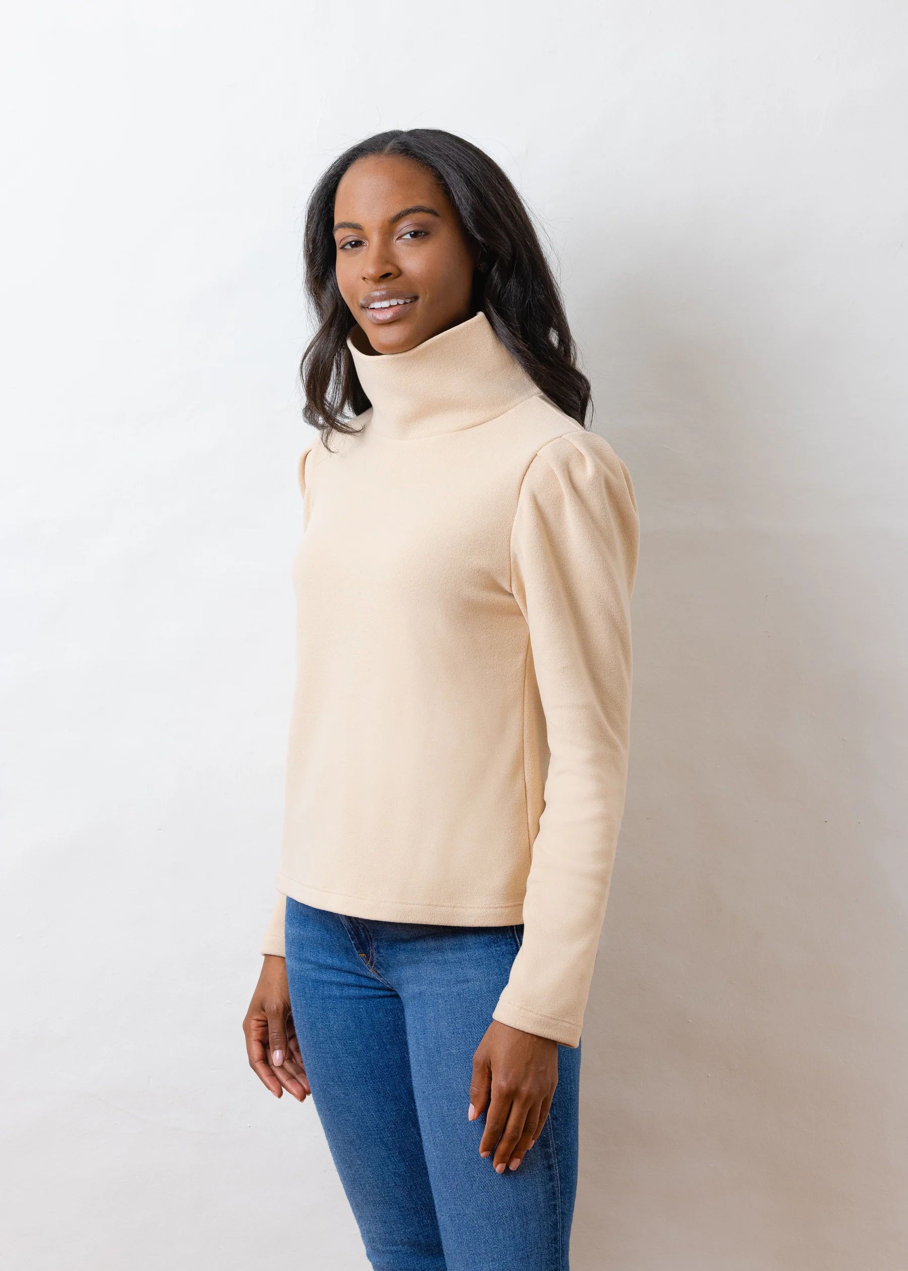 Palmer Puff Sleeve Turtleneck in Terry Fleece (Natural Blush) | Dudley Stephens