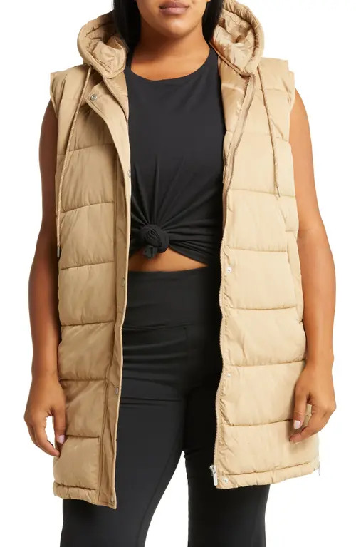 zella Women's Long Hooded Puffer Vest in Tan Nomad at Nordstrom, Size 3X | Nordstrom