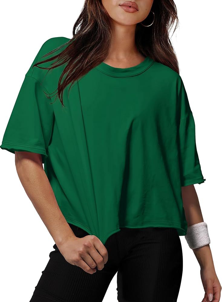 XIEERDUO Cotton Tshirts for Women Drop Shoulder Round Neck Oversized Crop Tops Workout Tops Tees | Amazon (US)