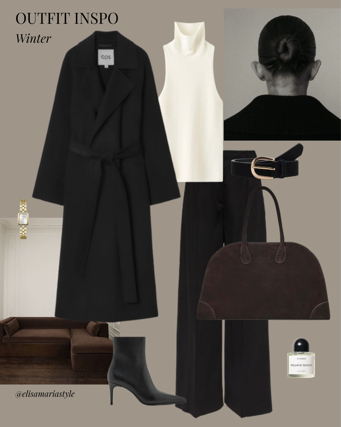 Chocolate brown suede bag, turtleneck top, black trousers, wool coat, suede belt and ankle boots outfit for winter 🤎

#LTKworkwear #LTKmodest #LTKbag