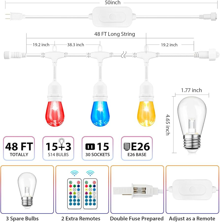 Mlambert 48FT Outdoor Patio Lights RGB Cafe String Lights with 15 Led Shatterproof Bulbs, Dimmable String Lights for Porch Gazebo Balcony-White 1 Pack | Amazon (US)